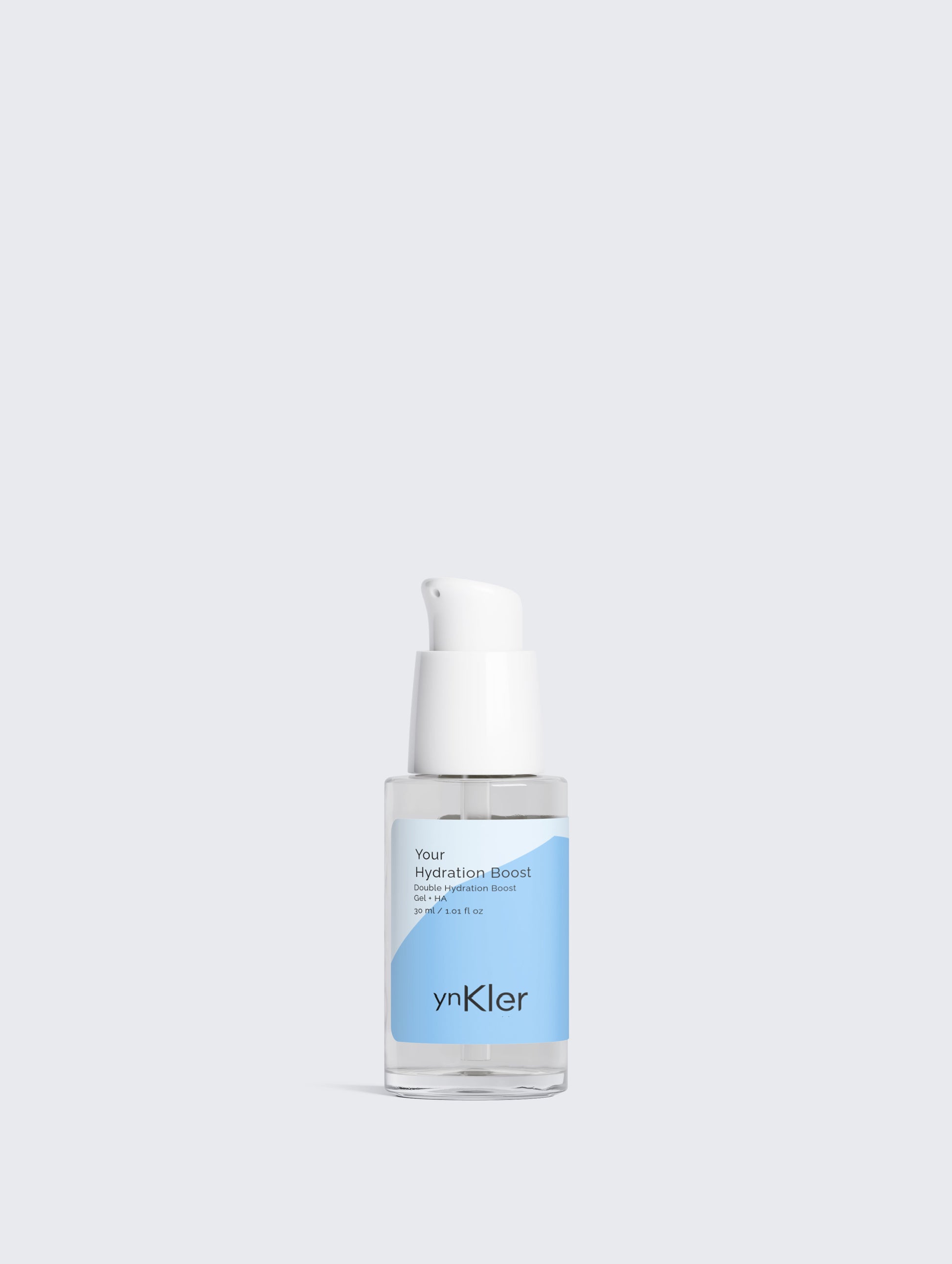 ynKlerSkincare serum bottle with a blue label on a light grey background