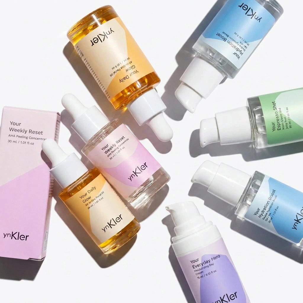 Collection of skincare products with vynKler branding on a white background