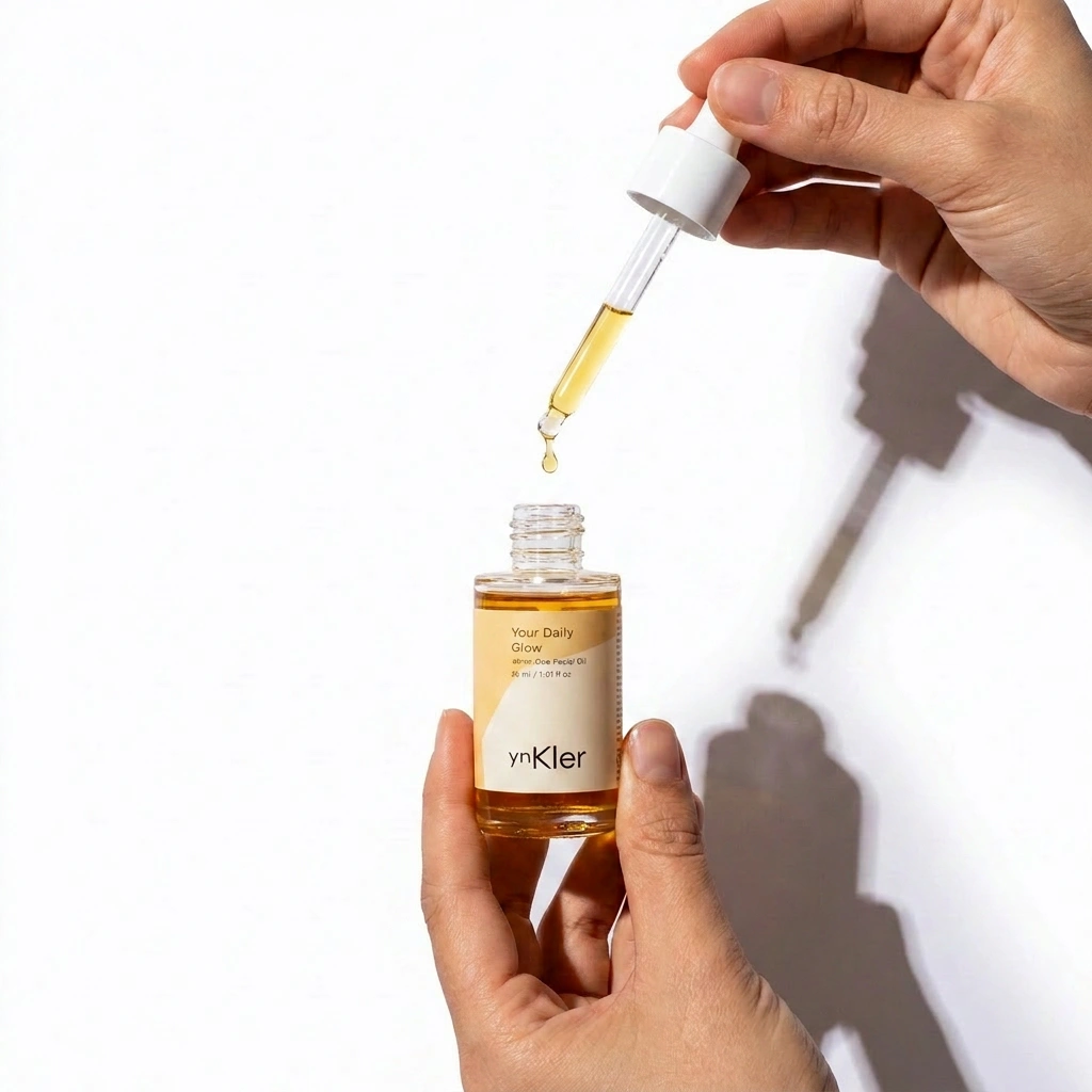 Hand holding a dropper over a bottle of ynKler serum with a white background