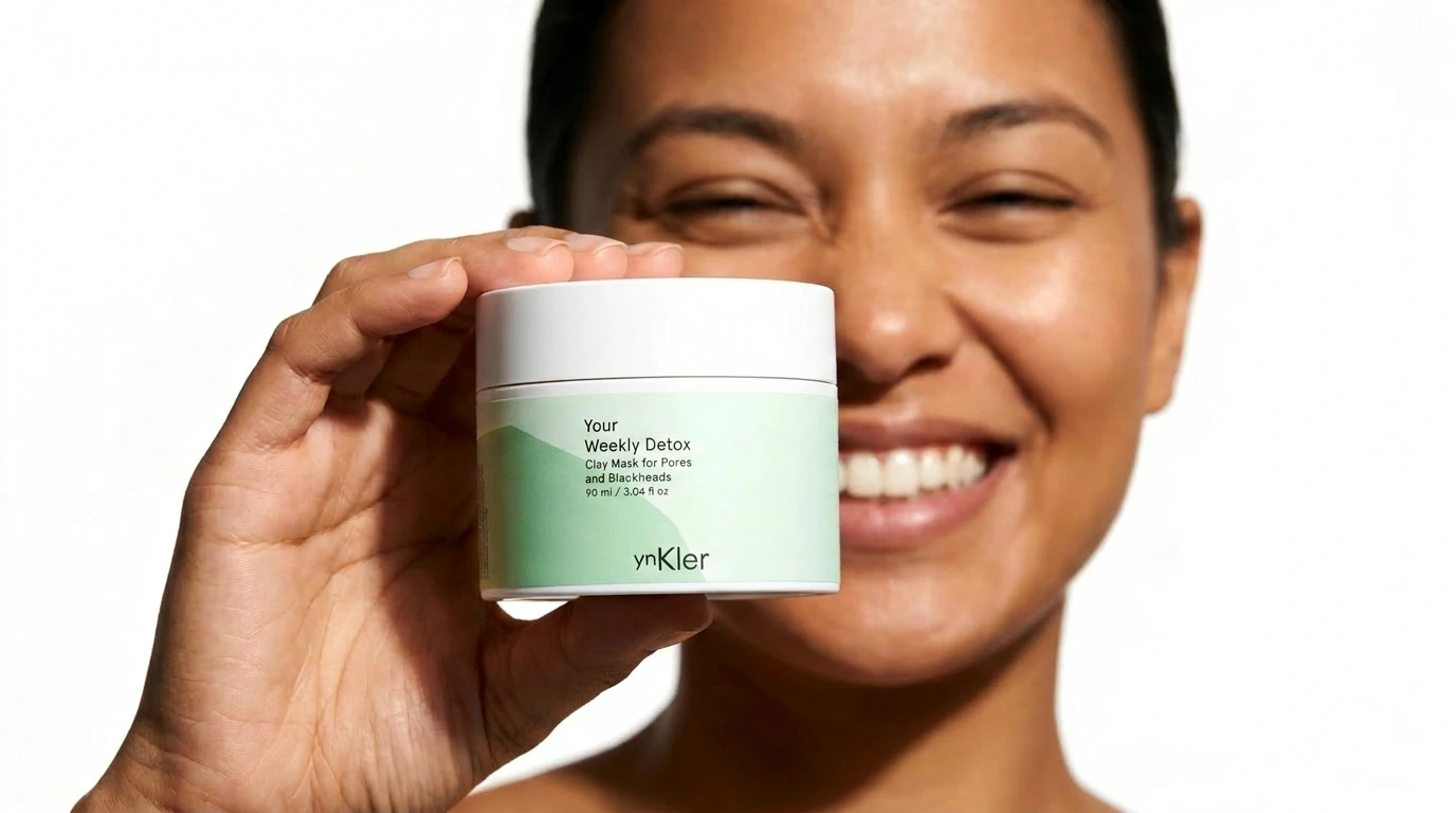 Person holding a jar of ynKler skincare product with a clear background