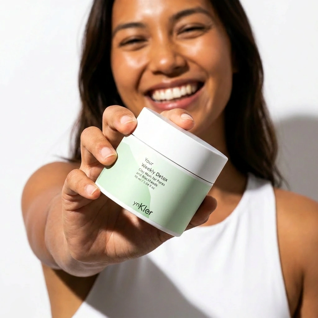 Woman holding a green ynKler skincare product container with a white lid.