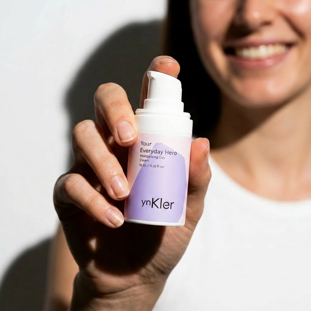 Person holding a ynKler skincare product with a blurred background